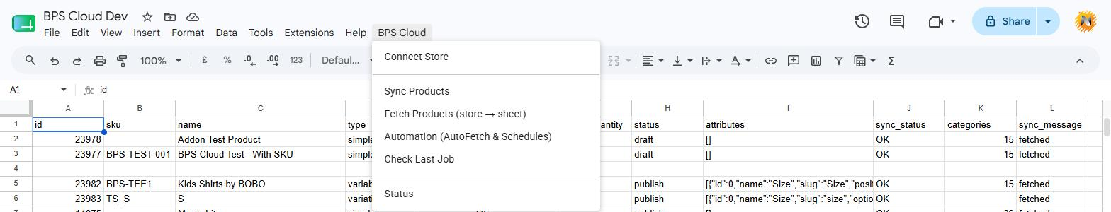 BPS Cloud menu in Google Sheets — everything, including AI generation, runs from this menu