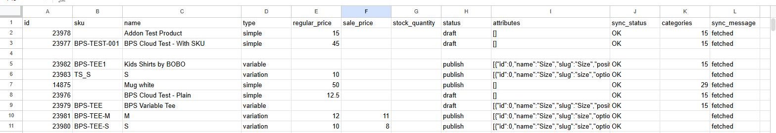 Google Sheet products tab with sync_status and sync_message columns reporting a result for every row